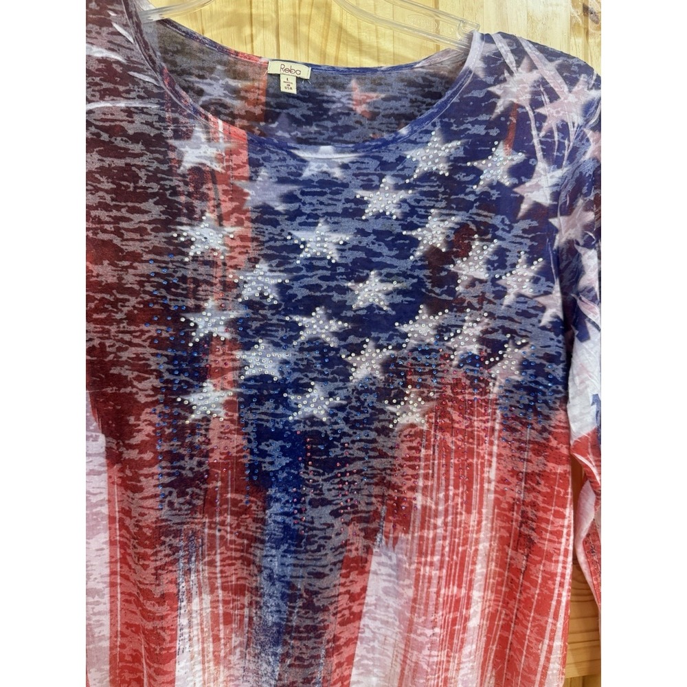Reba Patriotic Shirt 3/4 Sleeve Rhinestone Flag USA Red White Blue America Sz LG